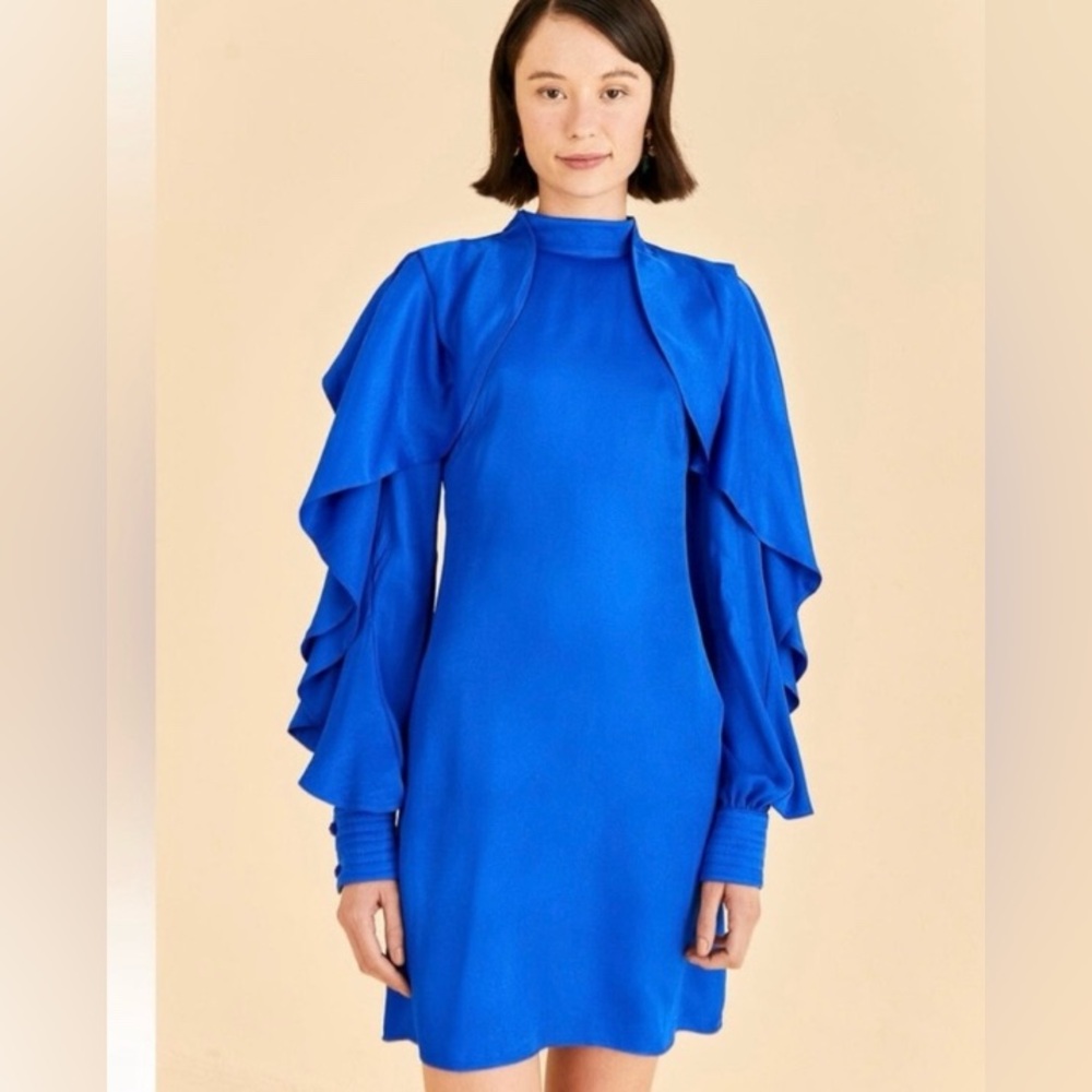 Farm Rio women’s Elegant Royal Blue Ruffle Sleeve backless short Dress size L